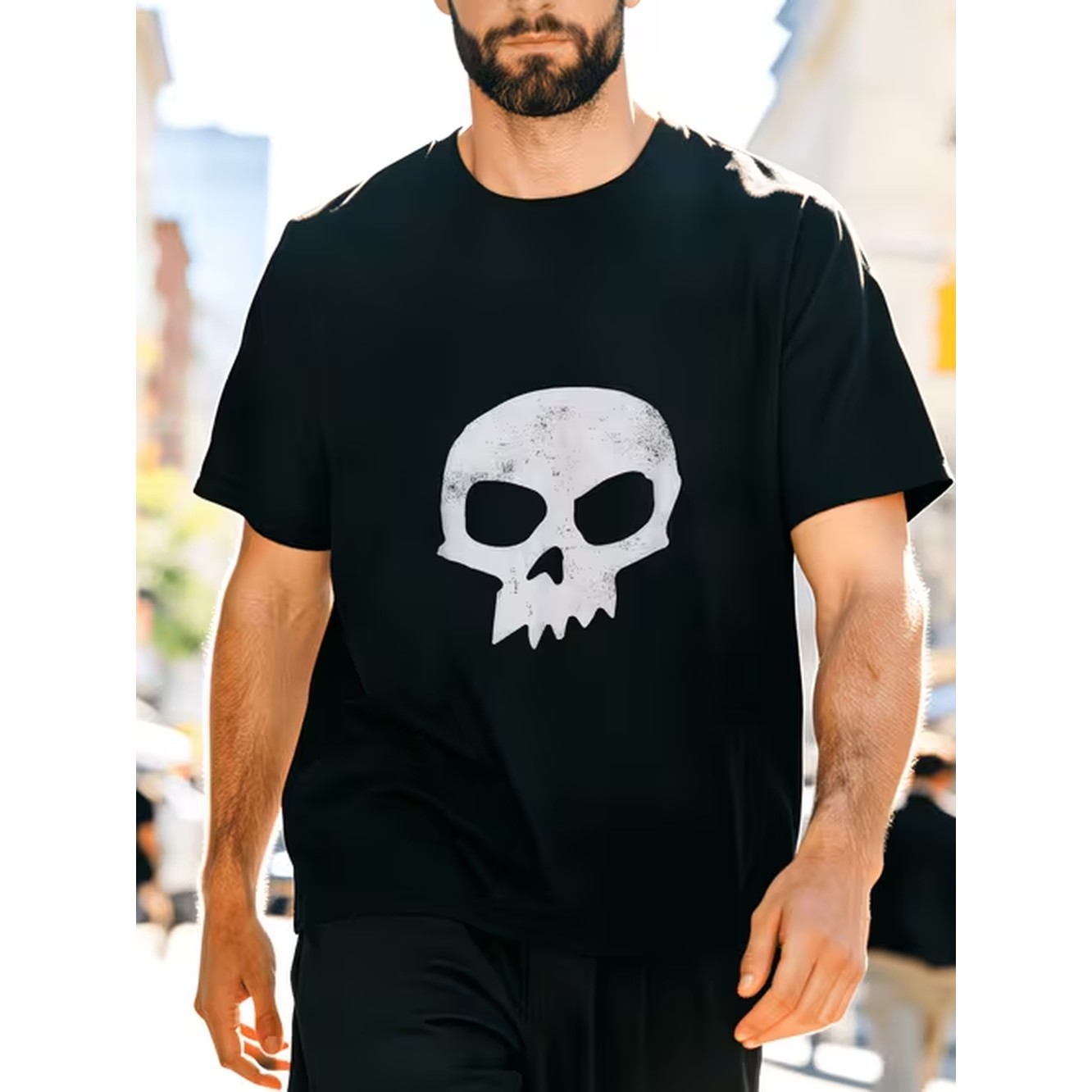 Street Fashion Outfit For Men - 남성용 해골 프린트 블랙 티셔츠 100%
