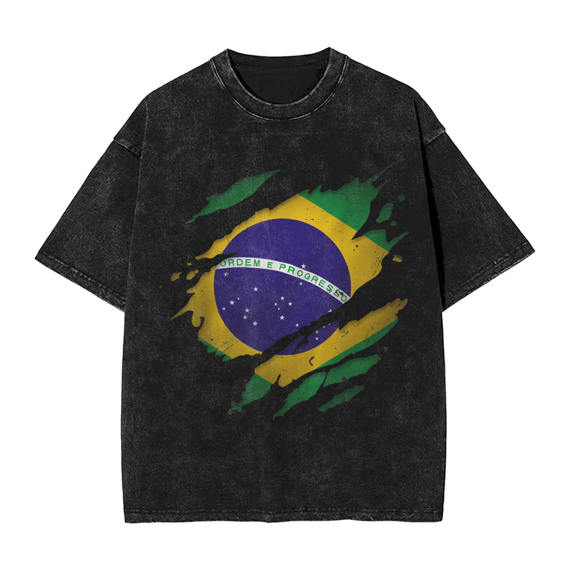 Street Fashion Brazil - 브라질 브라질 국기 워시드 티셔츠 스트리트웨어