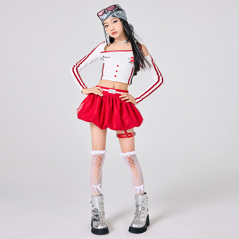 Street Fashion Kpop - 여자 힙합 옷 화이트 탑 레드