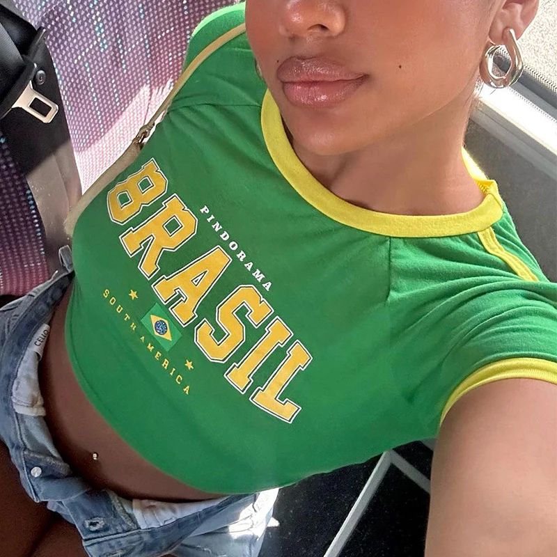 Street Fashion Brazil - 레트로 스트리트 에스테틱 그린 베이비 티셔츠