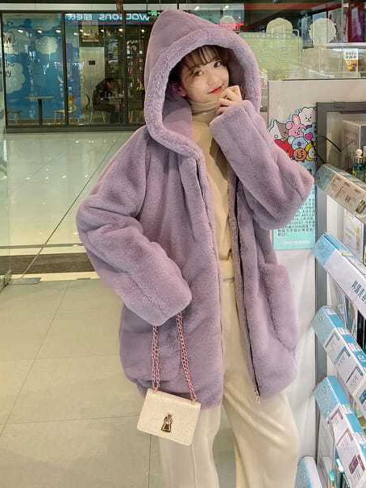 가을 겨울 대형 달콤한 두꺼운 양고기 코트 보라색 베이 - Street Fashion Hong Kong 리뷰 및 가격