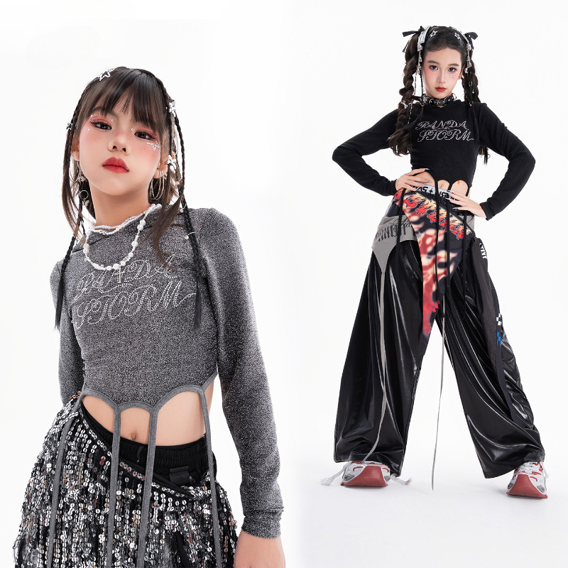 여자 힙합 댄스 의류 세트 멋진 긴 소매 탑 헐렁한 바 - Street Fashion Kpop 리뷰 및 가격