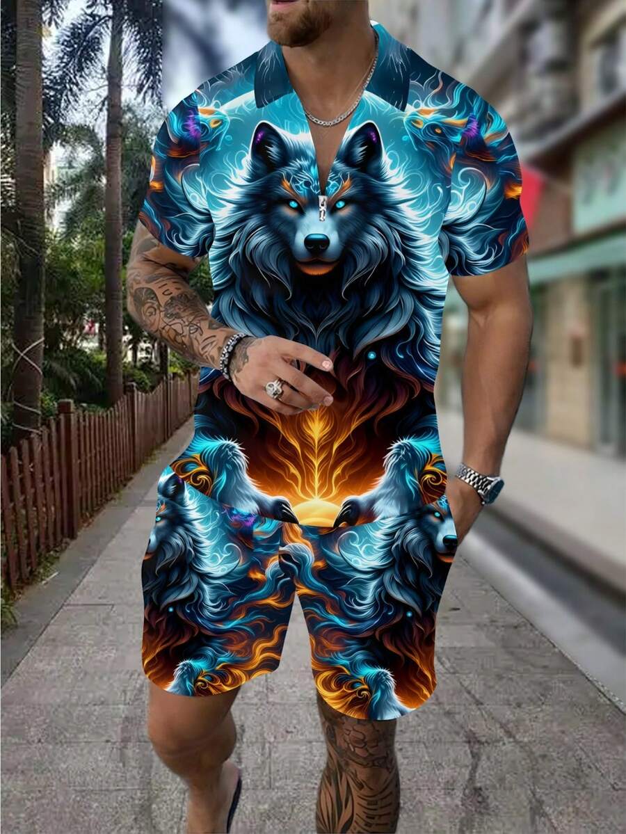 남성 패션 3D 늑대 프린트 지퍼 폴로 셔츠 & 반바지 - Street Fashion Outfit For Men 리뷰 및 가격