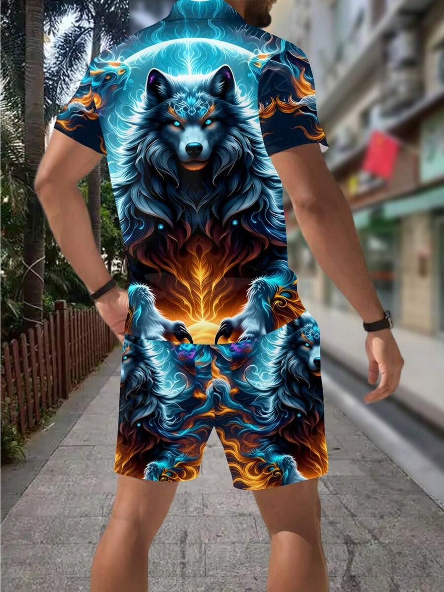 남성 패션 3D 늑대 프린트 지퍼 폴로 셔츠 & 반바지 - Street Fashion Outfit For Men 리뷰 및 가격