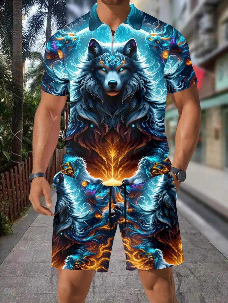 남성 패션 3D 늑대 프린트 지퍼 폴로 셔츠 & 반바지 - Street Fashion Outfit For Men 리뷰 및 가격