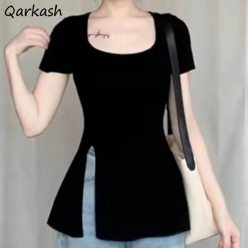 여성용 올 매치 슬릿 디자인 티셔츠, 블랙 솔리드 O- - Street Fashion Korean Girl 리뷰 및 가격