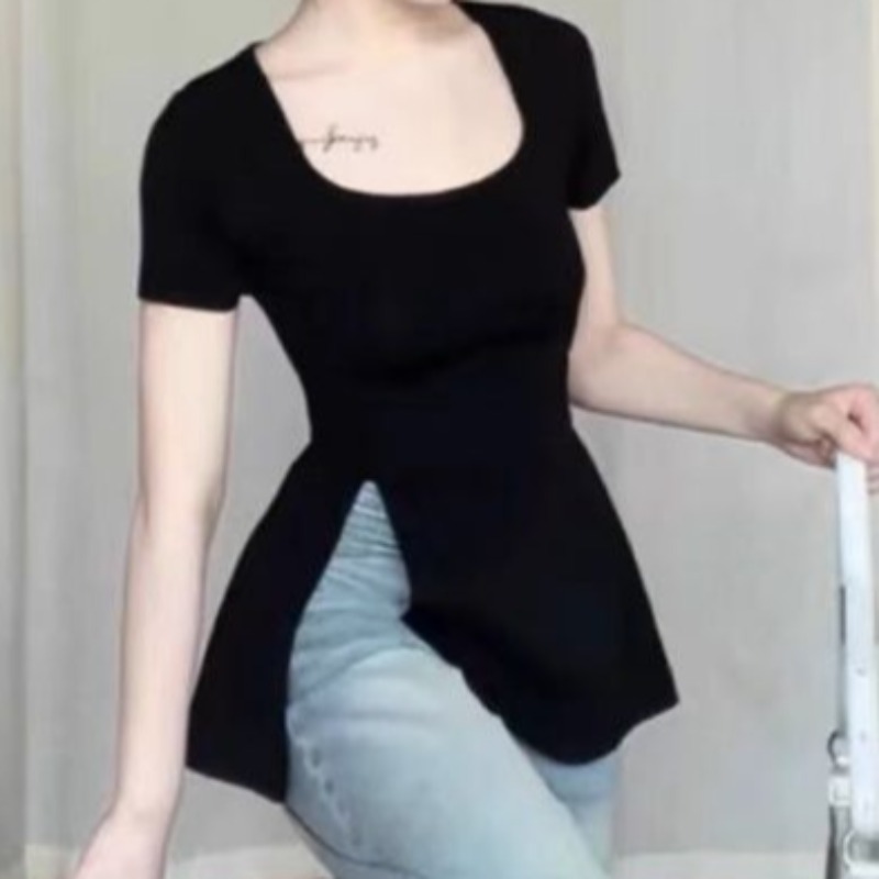 여성용 올 매치 슬릿 디자인 티셔츠, 블랙 솔리드 O- - Street Fashion Korean Girl 리뷰 및 가격