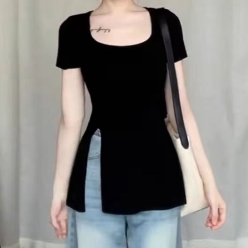여성용 올 매치 슬릿 디자인 티셔츠, 블랙 솔리드 O- - Street Fashion Korean Girl 리뷰 및 가격
