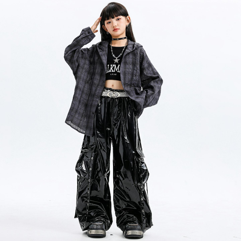 여자 재즈 댄스 의상 후드 체크 무늬 셔츠 가죽 바지  - Street Fashion Kpop 리뷰 및 가격