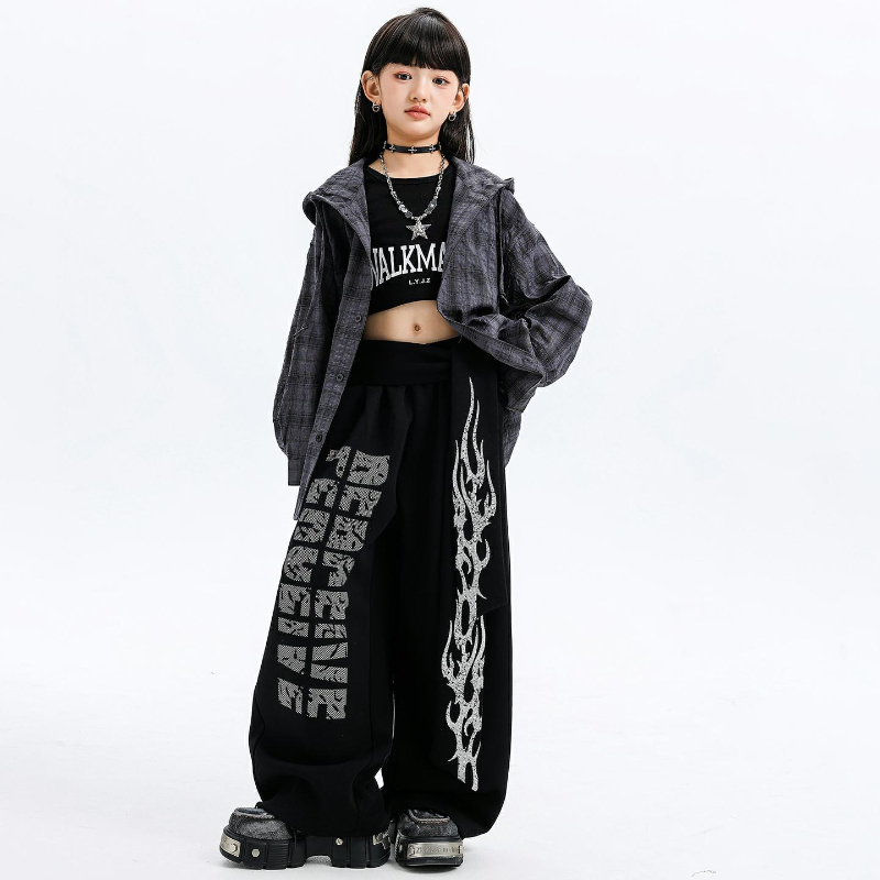 여자 재즈 댄스 의상 후드 체크 무늬 셔츠 가죽 바지  - Street Fashion Kpop 리뷰 및 가격