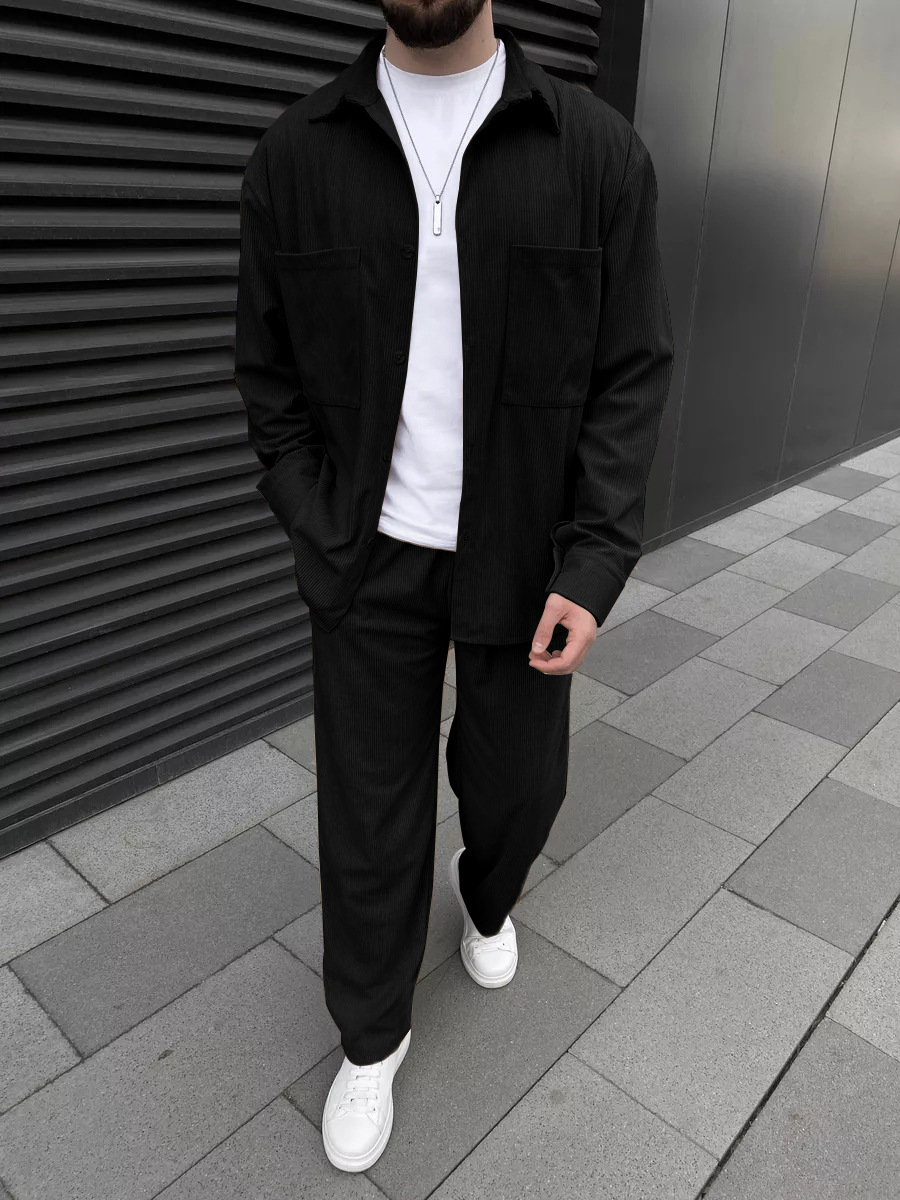 남성 코듀로이 투피스 세트: 긴팔 버튼다운 셔츠와 와이 - Street Fashion Outfit For Men 리뷰 및 가격