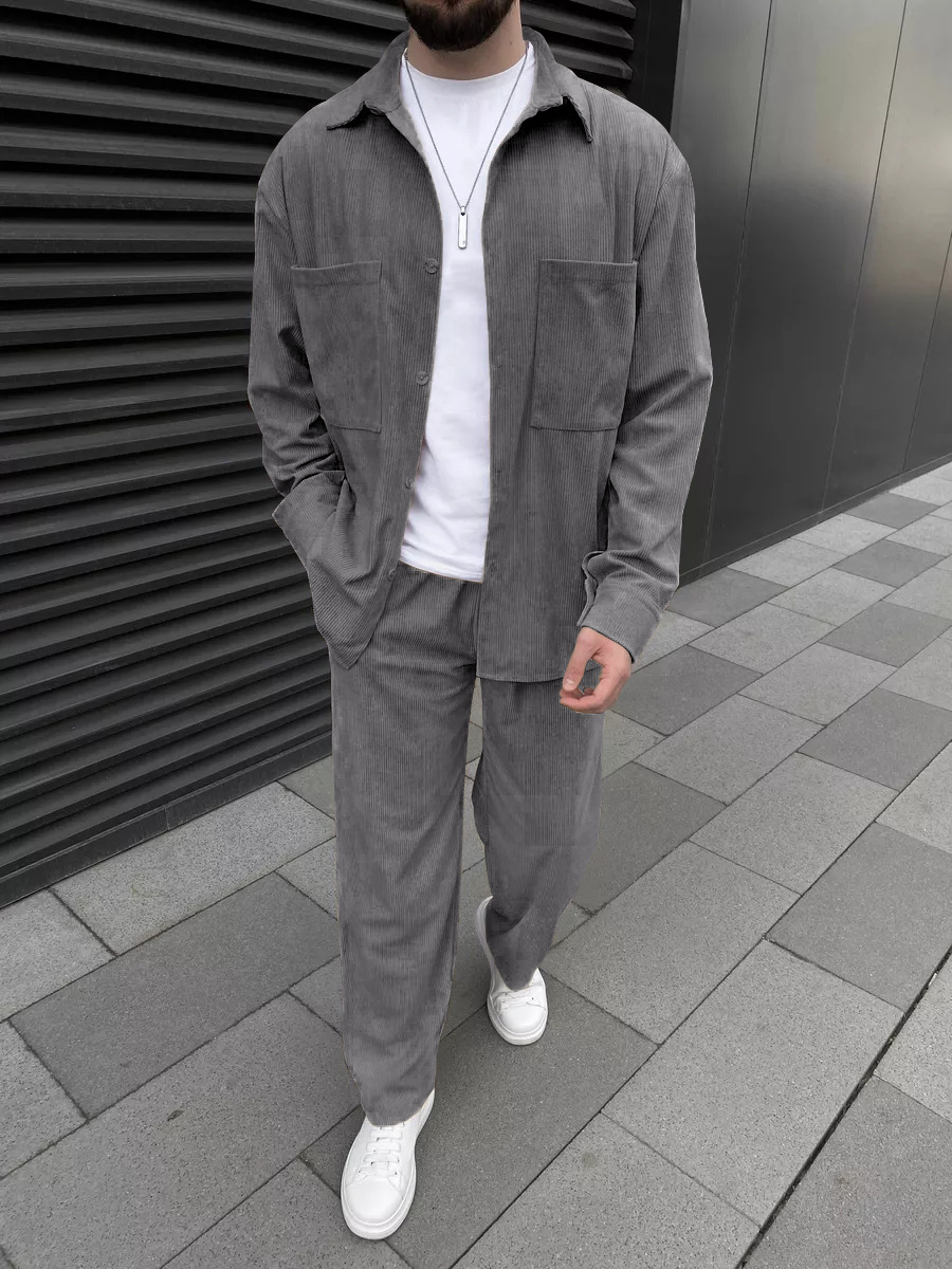 남성 코듀로이 투피스 세트: 긴팔 버튼다운 셔츠와 와이 - Street Fashion Outfit For Men 리뷰 및 가격