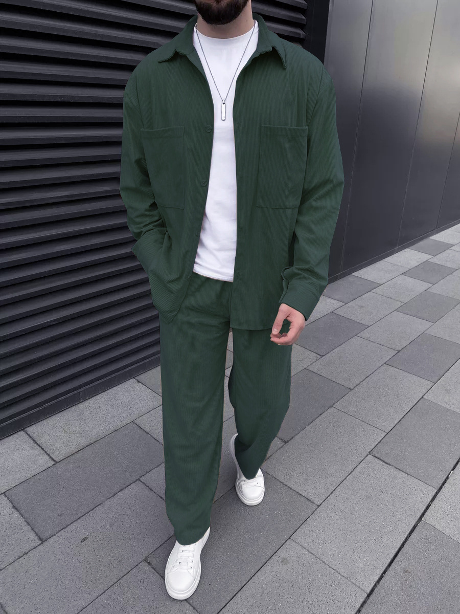 남성 코듀로이 투피스 세트: 긴팔 버튼다운 셔츠와 와이 - Street Fashion Outfit For Men 리뷰 및 가격