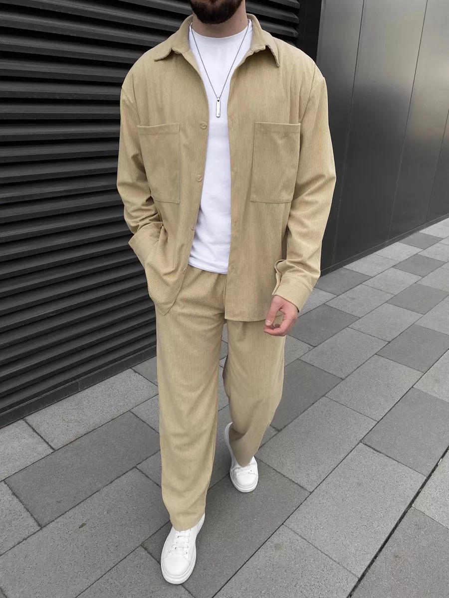 남성 코듀로이 투피스 세트: 긴팔 버튼다운 셔츠와 와이 - Street Fashion Outfit For Men 리뷰 및 가격