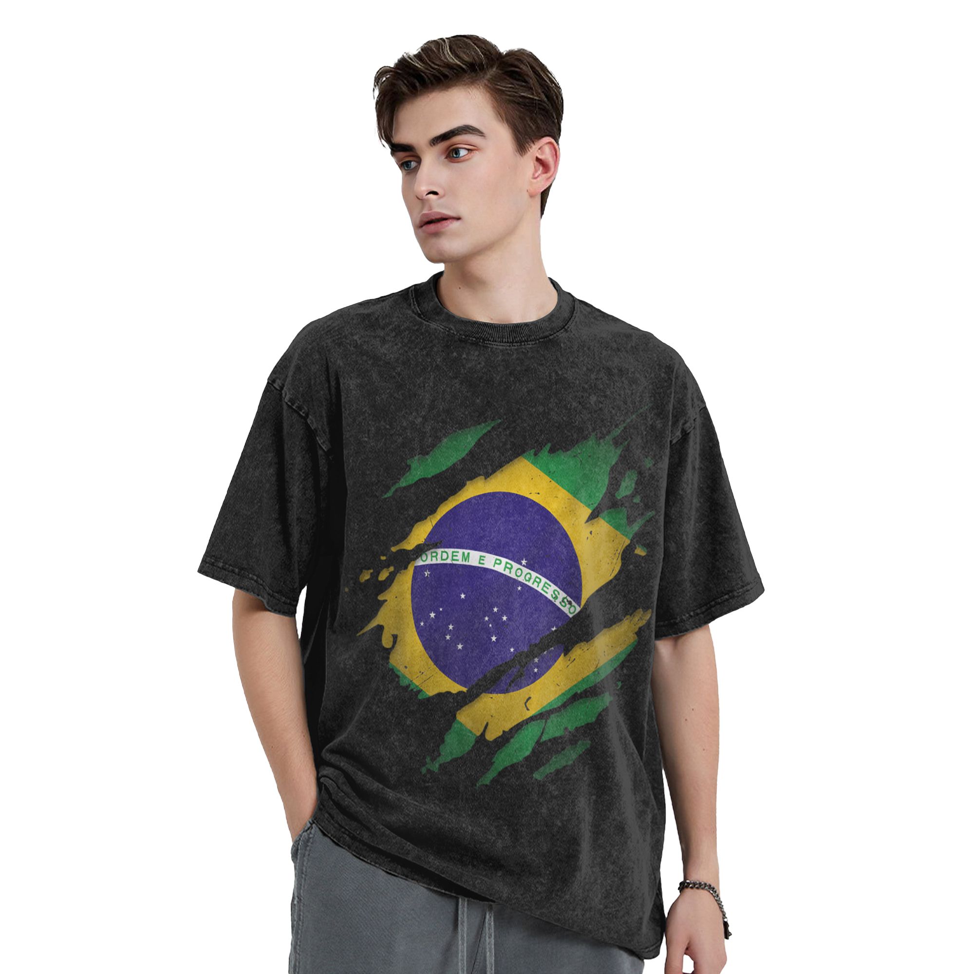 브라질 브라질 국기 워시드 티셔츠 스트리트웨어 패션 티 - Street Fashion Brazil 리뷰 및 가격