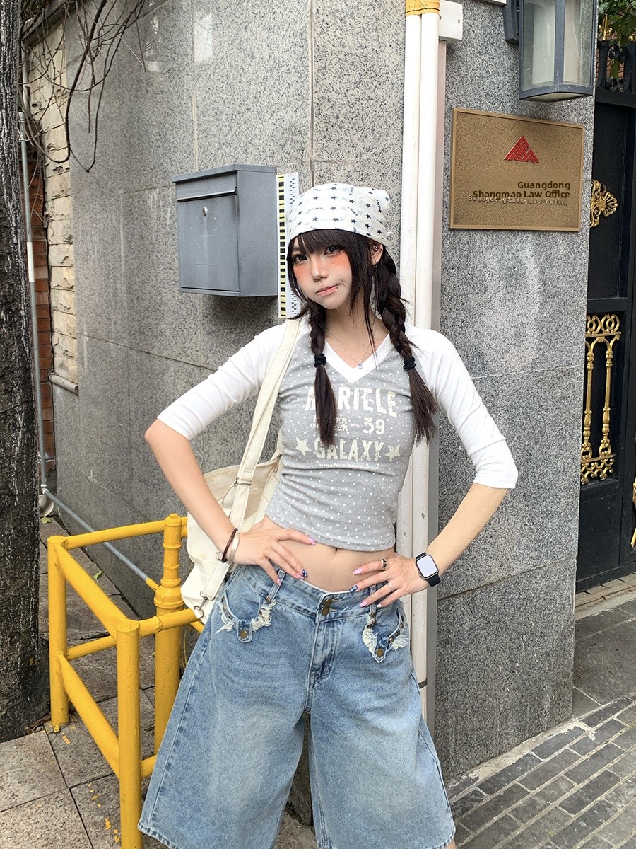 여름 폴카 도트 스플라이스 V넥 미디 슬리브 티셔츠 여 - Street Fashion Korean Girl 리뷰 및 가격